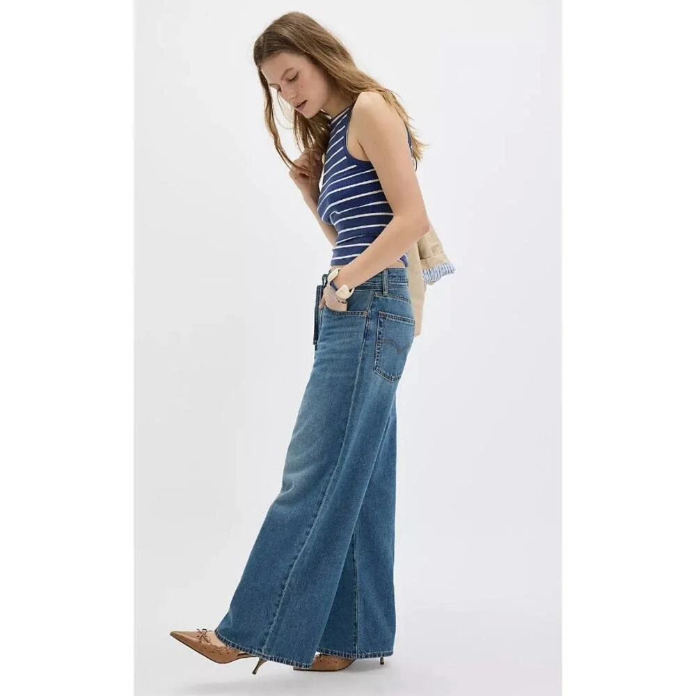 Levi's Anthropologie XL Straight Wide Leg Jeans Womens 24 Blue NWT High Rise Tie - Picture 4 of 5